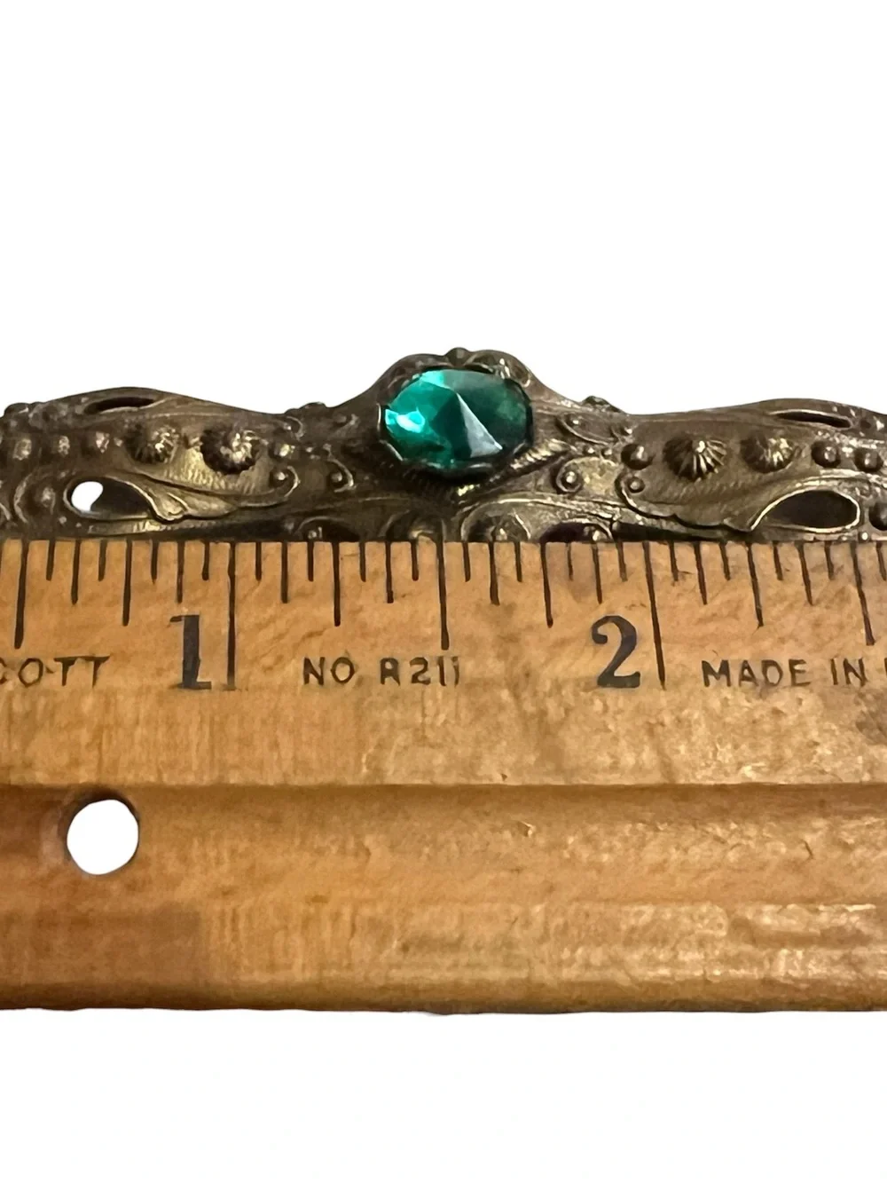 Antique-Style Gold Tone Bar Brooch with Green Crystal